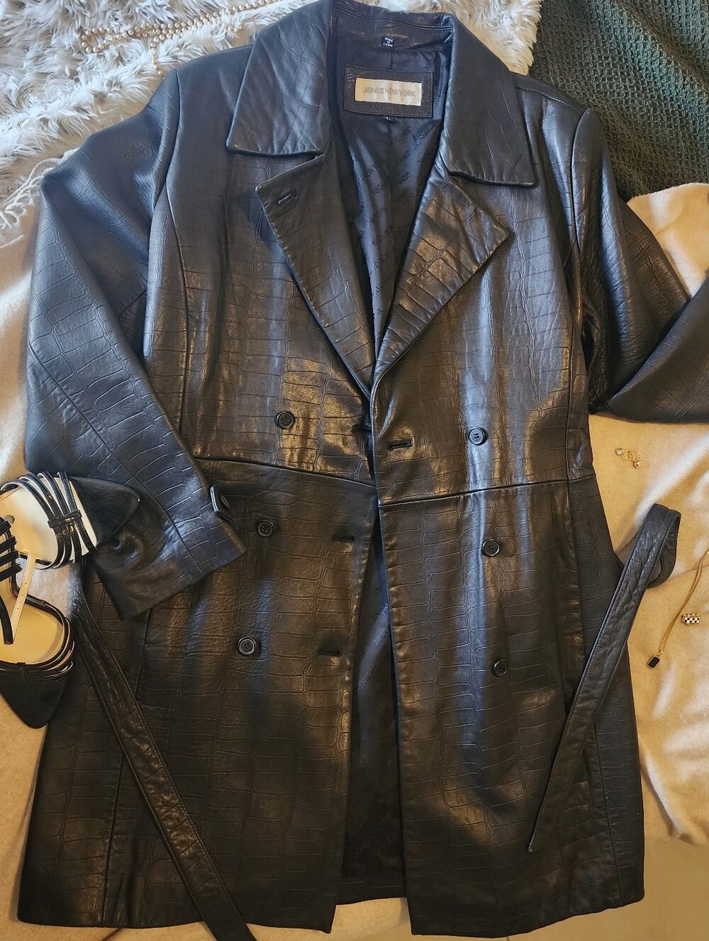 Jones New York Black Genuine Leather Double-Breasted Peacoat